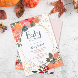 Gold glitter boho floral watercolor baby shower invitation
