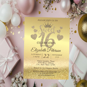 Gold Glitter Bokeh Ombre,Tiara,Sweet 16 Party Invitation