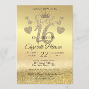 Gold Glitter Bokeh Ombre,Tiara,Sweet 16 Party Invitation