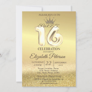 Gold Glitter Bokeh Ombre,Tiara,Sweet 16 Party Invitation