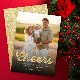 Gold Glitter Bold Cheers Stylish New Year Photo Holiday Card