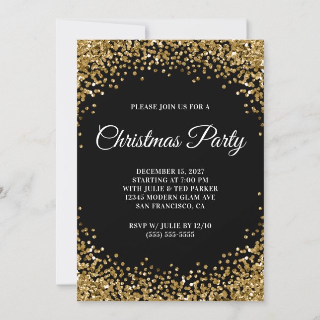 Gold Glitter Border Black Christmas Party Invitation (Front)