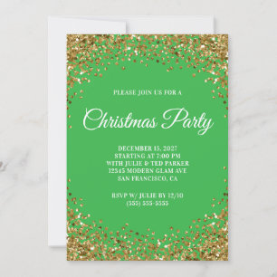 Gold Glitter Border Green Christmas Party Invitation