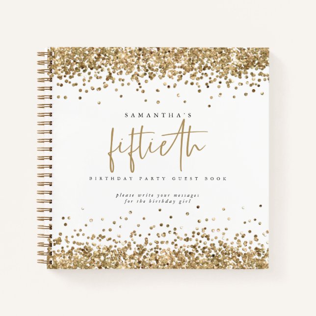 Gold Glitter Borders 50th Birthday Guest Book (Front)