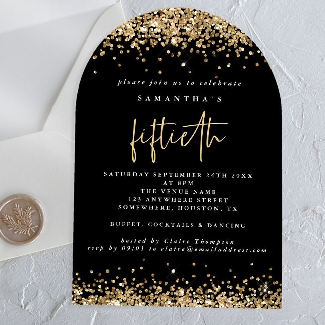 Gold Glitter Borders Black Fiftieth Birthday Party Acrylic Invitations (Creator Uploaded)