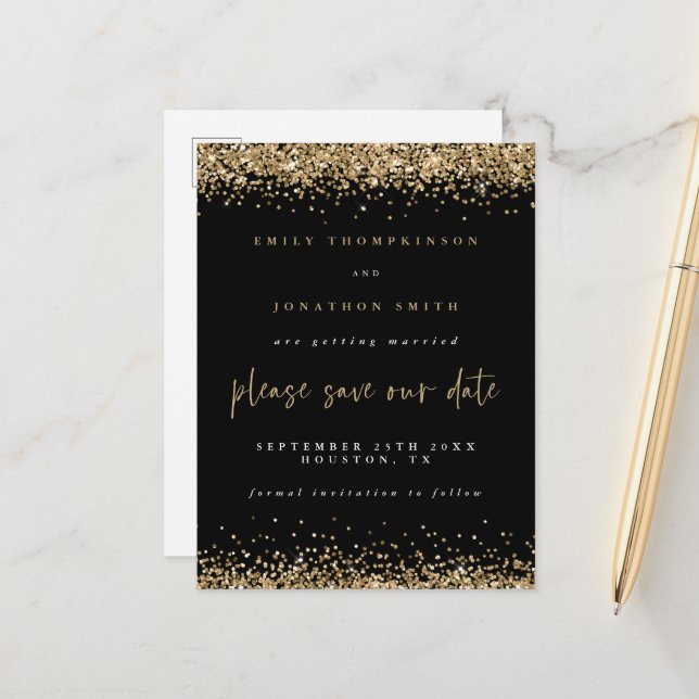 Gold Glitter Borders Black Wedding Save The Date  Announcement Postcard (Front/Back In Situ)