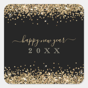 Gold Glitter Borders Happy New Year Script Black Square Sticker