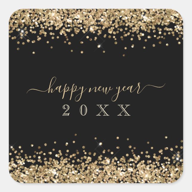 Gold Glitter Borders Happy New Year Script Black Square Sticker (Front)