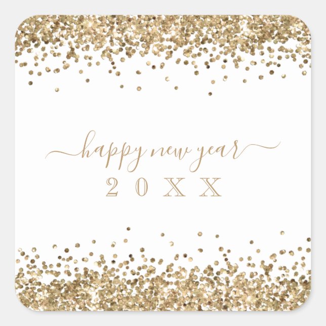 Gold Glitter Borders Happy New Year Script White Square Sticker (Front)