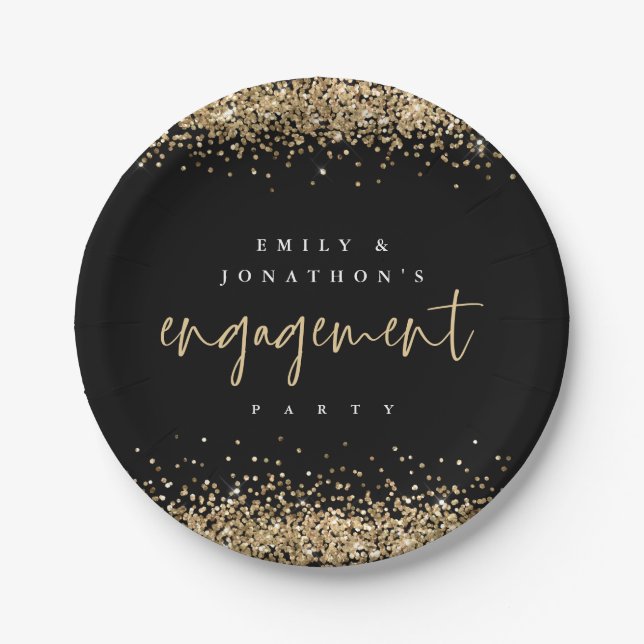 Gold Glitter Borders Names Engagement Party Black Paper Plate (Front)