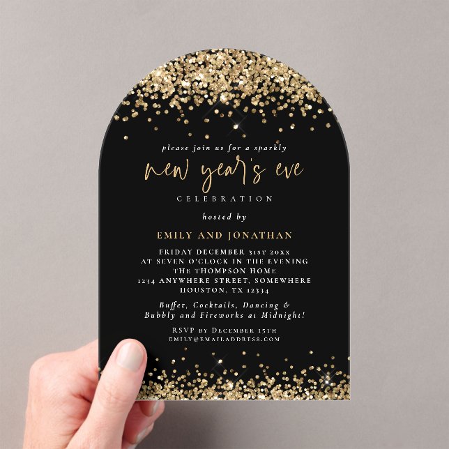 Gold Glitter Borders New Year Party Black Acrylic Invitations (Insitu (Handheld))