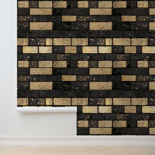 Gold Glitter Brick Pattern Wallpaper (Application)