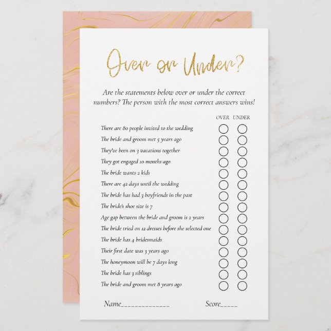 Gold Glitter Bridal Shower game Over or Under (Front/Back)