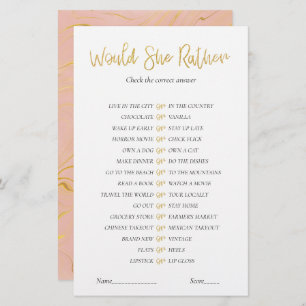 Gold Glitter Bridal Shower game Would She Rather