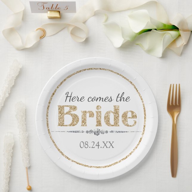 Gold Glitter Bride and Diamonds Paper Plate (Wedding)