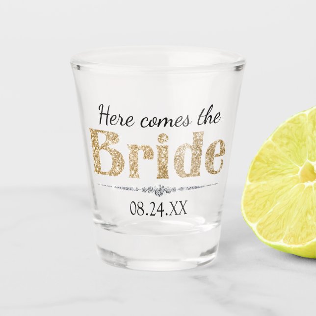 Gold Glitter Bride and Diamonds Shot Glass (Front)