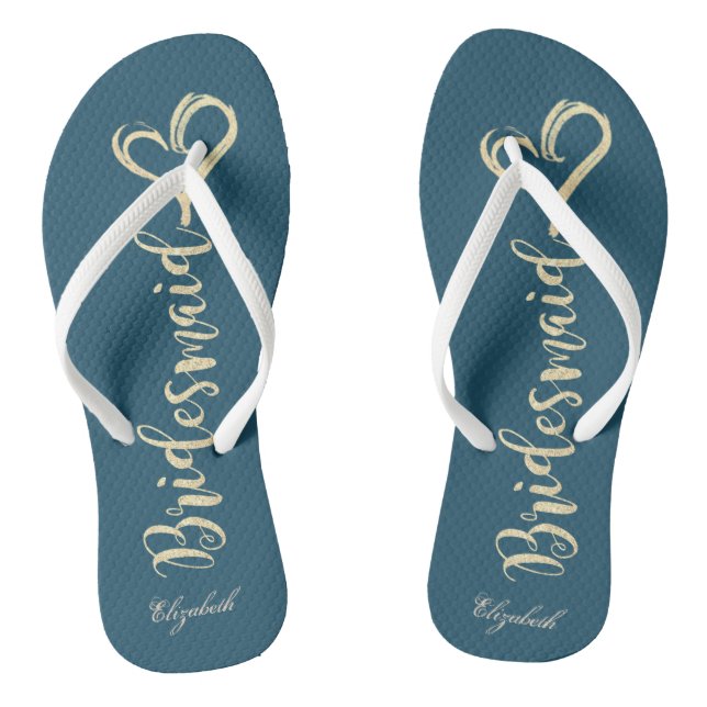 Gold Glitter Bridesmaid,Hearts Navy Blue Thongs (Footbed)