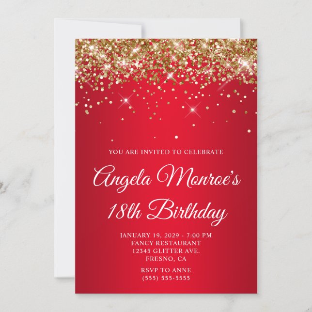 Gold Glitter Bright Red Gradient 18th Birthday Invitation (Front)