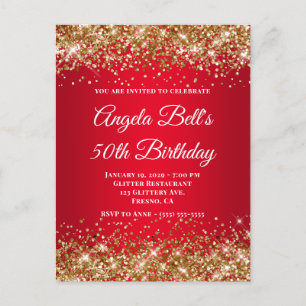 Gold Glitter Bright Red Ombre 50th Birthday Invitation Postcard