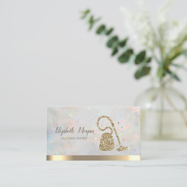 Gold Glitter Broom Vacuum cleaner Opal Business Card (Standing Front)