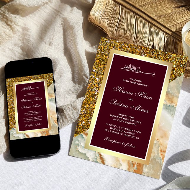 Gold Glitter Brown Marble Burgundy Muslim Wedding Invitation (Creator Uploaded)