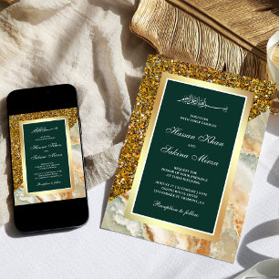 Gold Glitter Brown Marble Emerald Muslim Wedding Invitation