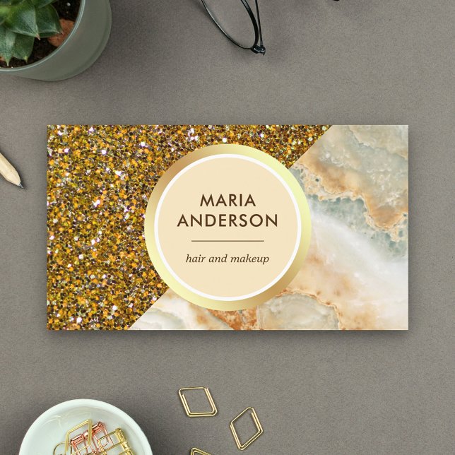 Gold Glitter Brown Marble Hair Salon Makeup Artist Business Card (Creator Uploaded)