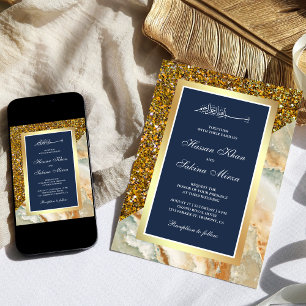 Gold Glitter Brown Marble Navy Blue Muslim Wedding Invitation