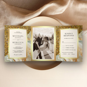 Gold Glitter Brown Marble Photo Wedding Tri-Fold Invitation