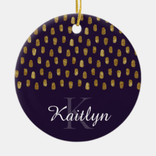 Gold Glitter Brush Strokes on Purple Ceramic Ornament