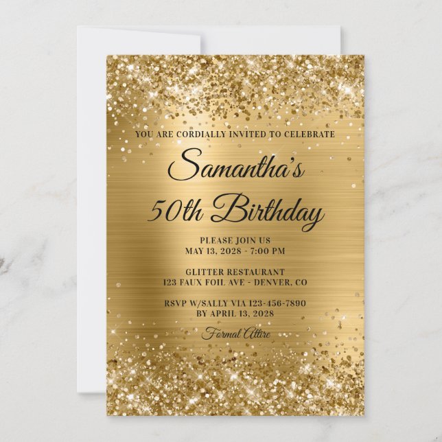 Gold Glitter Brushed Foil 50th Birthday Invitation (Front)