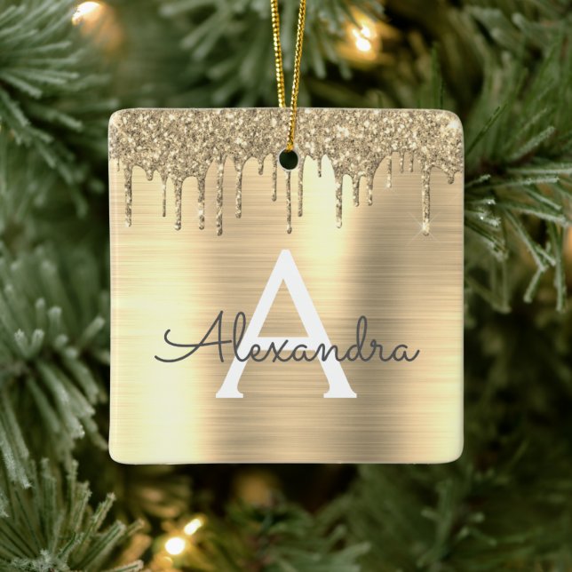 Gold Glitter Brushed Metal Monogram Name Ceramic Ornament (Tree)
