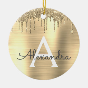 Gold Glitter Brushed Metal Monogram Name Ceramic Ornament