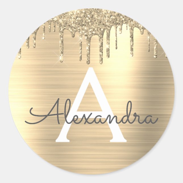 Gold Glitter Brushed Metal Monogram Name Classic Round Sticker (Front)