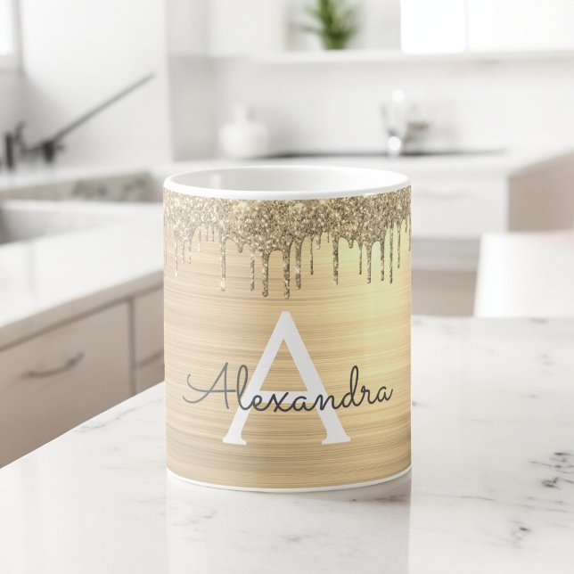 Gold Glitter Brushed Metal Monogram Name Coffee Mug (Creator Uploaded)