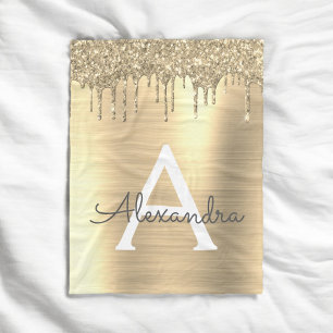 Gold Glitter Brushed Metal Monogram Name Fleece Blanket