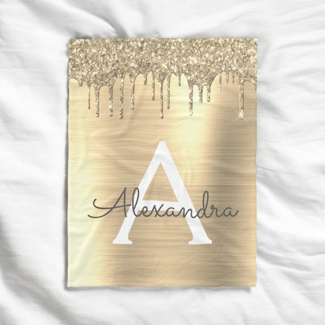 Gold Glitter Brushed Metal Monogram Name Fleece Blanket (Creator Uploaded)