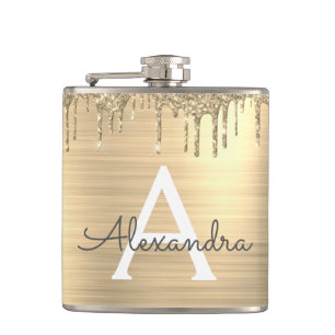 Gold Glitter Brushed Metal Monogram Name Hip Flask