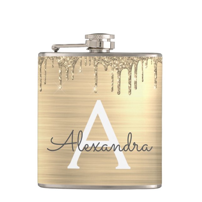 Gold Glitter Brushed Metal Monogram Name Hip Flask (Front)