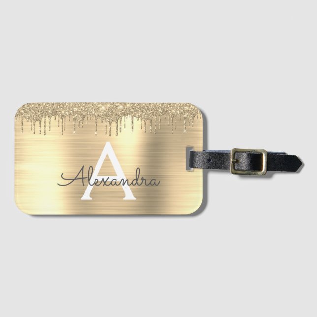 Gold Glitter Brushed Metal Monogram Name Luggage Tag (Front Horizontal)