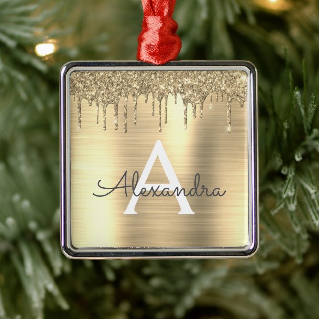Gold Glitter Brushed Metal Monogram Name Ornament (Tree)