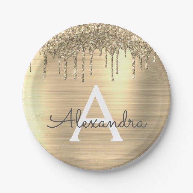 Gold Glitter Brushed Metal Monogram Name Paper Plate (Front)