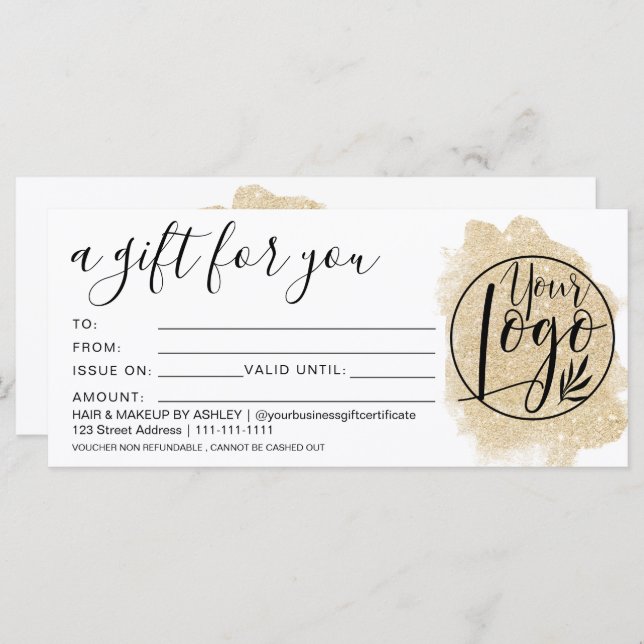 Gold glitter brushstroke gift certificate logo (Front/Back)