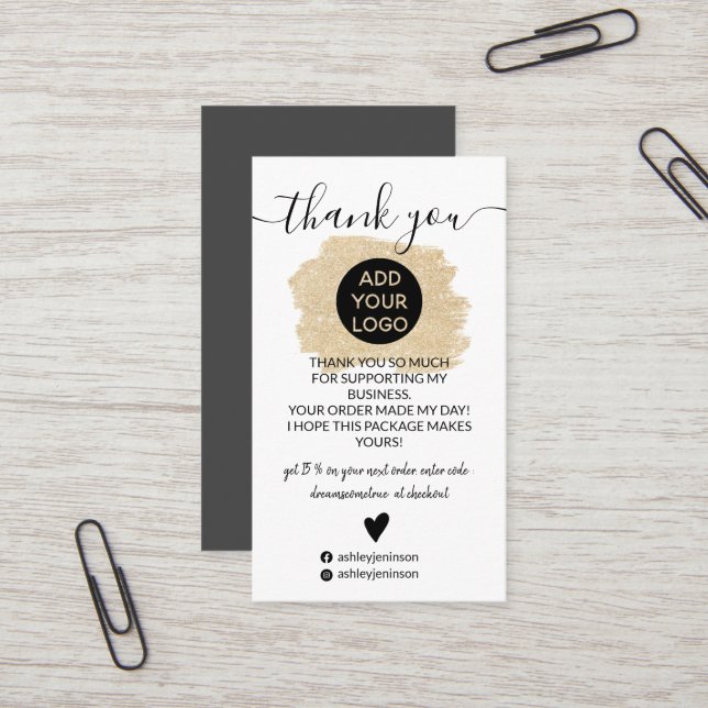 Gold glitter brushstroke logo order thank you business card (Front/Back In Situ)