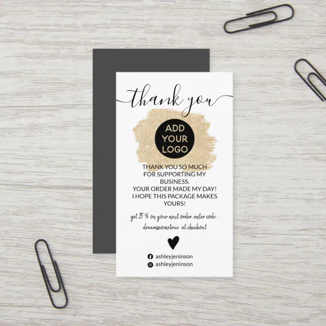 Gold glitter brushstroke logo order thank you business card | Zazzle