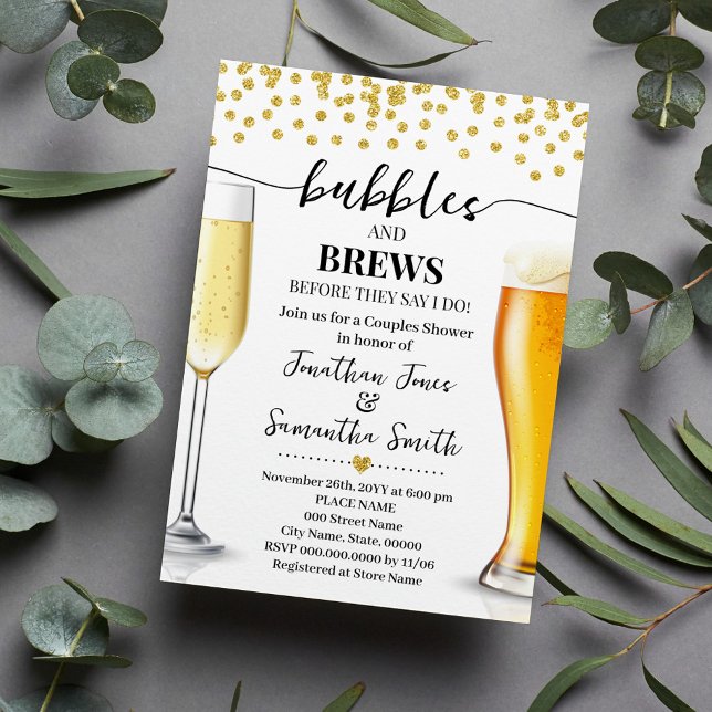 Gold Glitter Bubbles and Brews Wedding Shower Invitation (Creator Uploaded)