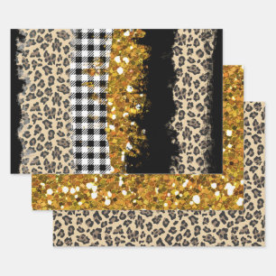 Gold Glitter Buffalo Plaid Leopard Wrapping Paper Sheet