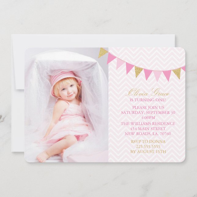 Gold Glitter Bunting Birthday Party Invitations (Front)