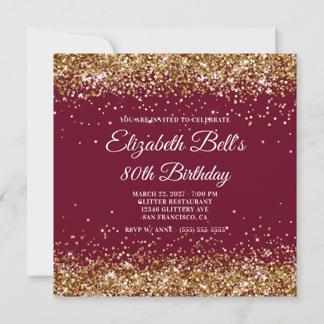 Gold Glitter Burgundy 80th Birthday Invitation (Front)