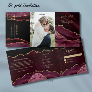 Gold Glitter Burgundy Agate Geode Wedding Tri-Fold Invitation